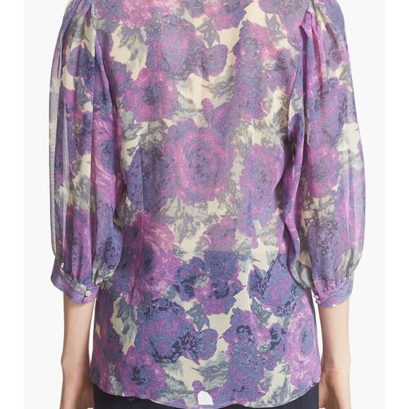 Joie Datev Purple Floral Pintuck Button Down Silk Blouse Size Large - Picture 9 of 14